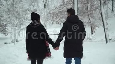 年轻夫妇在冬天的公园里散步，手里拿着雪。 冬季户外休闲的幸福恩爱夫妻.. 回去